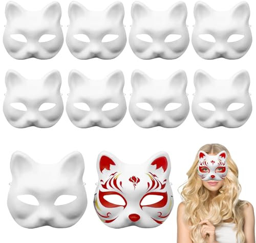 RCYHCY 10 Stück Katzenmasken, Therian Mask, Weißes DIY Masken zum Anmalen für Kinder Erwachsene, Leere Cat Mask mit Elastischer Kordel, DIY Papier Maske Halloween, Karneval, Fasching, Cosplay