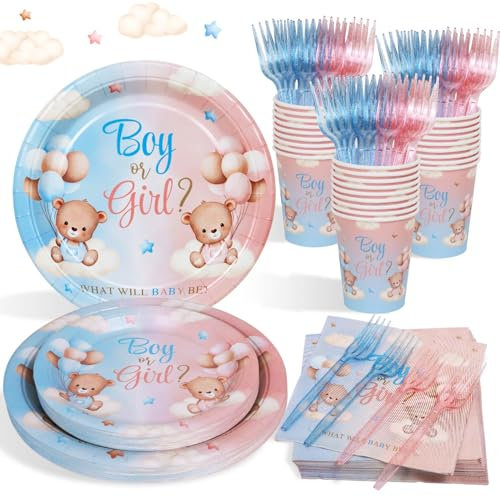 Heboland Gender Reveal Party Deko Partygechirr Set für 24 Gäste, 96pcs Babyshower Wiederverwendbare Pappteller Servietten Pappbecher Boy or Girl Deko