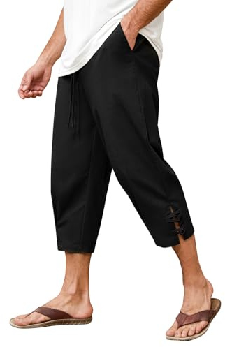 Vijamiy Short 3/4 en Lin pour Homme Pantacourt été Baggy être en Jachère Short de Plage Cordon élastique à la Taille Lin Homme Bermuda avec Poches(Noir,XXL)