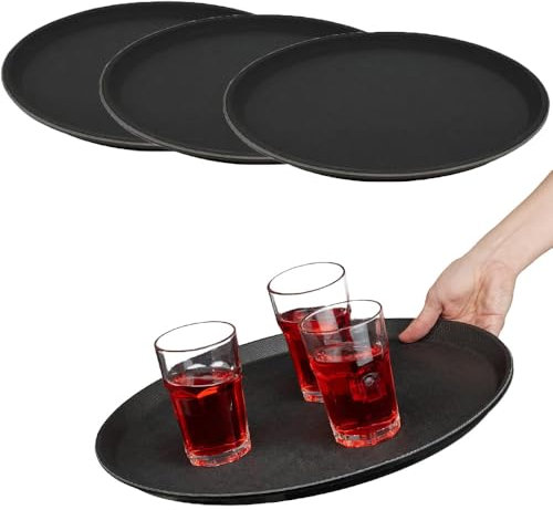 Paluplus 4 Vassoi Tondi da Portata Antiscivolo di colore NERO, Diametro 35,5 cm e Altezza 2 cm, Vassoio Impilabile e Infrangibile con Rivestimento Gommato, per Bar, Ristoranti, Fai da te -6886F