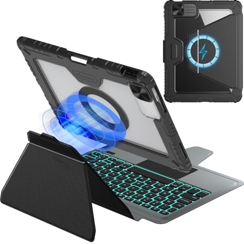 Nillkin Funda para iPad Pro de 11 pulgadas con teclado mágico (M4, 2024), funda magnética desmontable para iPad Pro 11 con soporte para lápices, cubierta de cámara deslizante, retroiluminación de 7