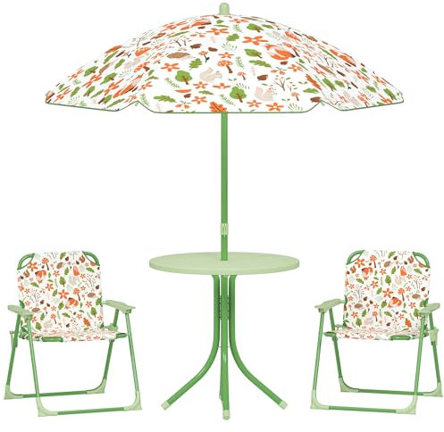 AIYAPLAY Children Table and Chair Set with Adjustable Parasol, 2 Folding Chairs, Picnic Table, Fox Pattern Outdoor Patio Set, for Ages 2-5 Years, Green