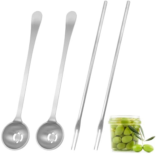 GIONAR 4PCS 7.3 Inch Olive Spoon & Pickle Fork Set, Stainless Steel Pickle Picker Tool with Long Handle, Pickled Onion Grabber for Olive, Cucumber, Onion, and Arugula Jars
