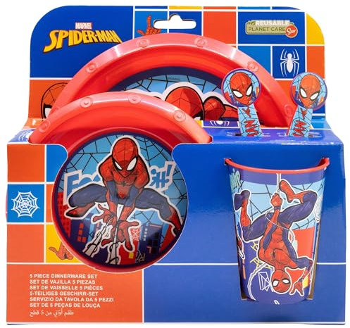 Set vajilla infantil reutilizable de 5 piezas: vaso, plato, cuenco y cubiertos de Spiderman
