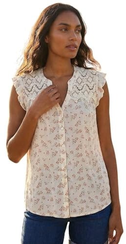 Roman Lace Crinkle Top for Women UK Ladies Broderie Anglaise Vest Blouse 100% Cotton Embroidered Shirt Cami Camisole Tunic Casual Work Flattering Summer Holiday Boho - Floral Pink - Size 14