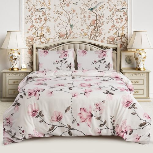 CHARKHAH 4 Piece Reversible Printed Bedding Set Includes 1 Duvet Cover, 1 Deep Fitted Sheet & 2 Pillowcases – Soft Microfibre Easy Care Quilt Cover Set for All Seasons (Spring Pink, Double)