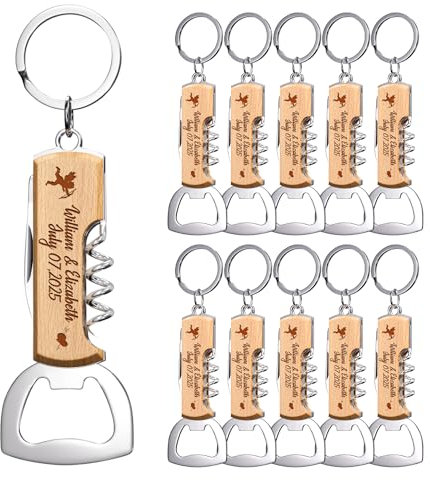 10 Pezzi Apri Bottiglie in Legno Personalizzato Multifunzionale, Regali Personalizzati per Matrimoni Feste di Compleanno, Portachiavi Apribottiglie Inciso per Ospiti