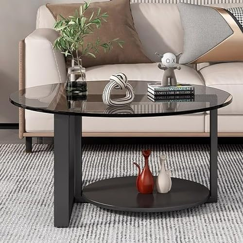 Kreativer Runder Couchtisch Aus Glas Mit Metallrahmen,Runder Wohnzimmertisch Mit Platte Aus Gehärtetem Glas,Mit Stauraum,Boden-Tee-Tisch,Schwarzer Sockel,Cocktail Beistelltisch(Gray/Black,60cm/23.6in)