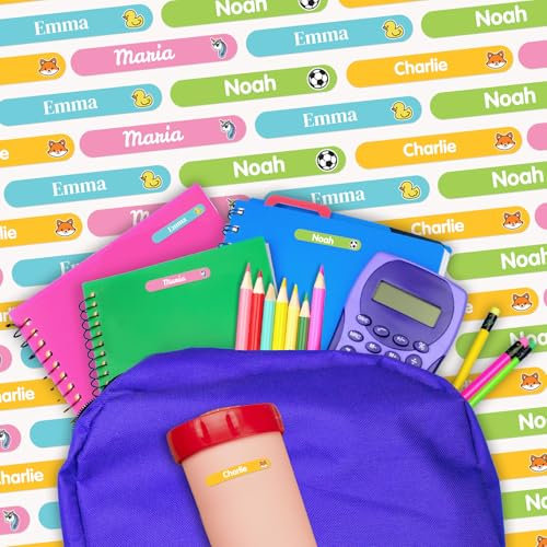 Stuck On You – Mini Namensaufkleber für Kinder – Personalisierbare Namensetiketten mit Namen & Symbol – wasserfest und langlebig – Ideal für Schule & Kindergarten – 42 Stück 38x6mm