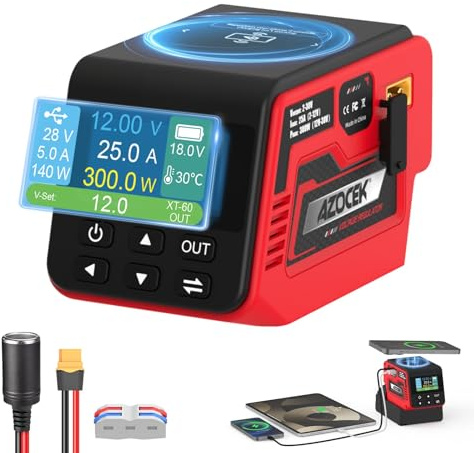 Azocek 300W Voltage Regulator Compatible with Milwaukee 18V Battery | No Battery, 2–30V DC Adjustable Output, Up to 25A, 140W Type-C PD Fast Charging, 15W Wireless Charger, 1.9 LCD Display