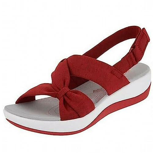 Sandali da donna con cinghia, in argento, piatti, per scarpe larghe, scarpe leggere, con suola solida, ergonomici, aperti, senza chiusura, sandali da trekking, Colore: rosso, 35 EU