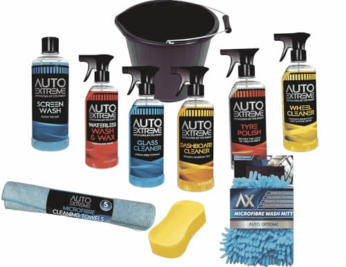 10 Pc Car Cleaning Kit with Bucket – Wash & Wax Set, Valet Detailing Pack with Tyre Polish, Glass Cleaner, Wheel Cleaner, Drying Towel, Microfibre Mitt & Sponge