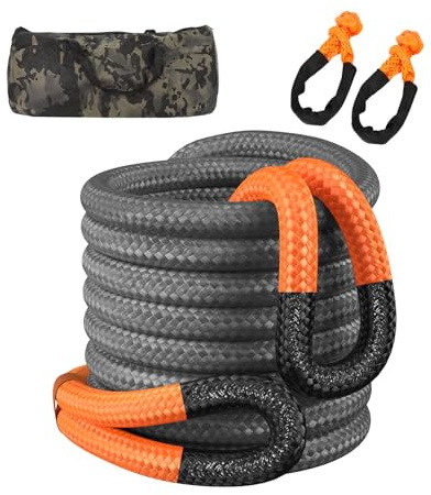 Corde de récupération cinétique Robuste (3,2 cm x 9,1 m, 25 947,6 kg), kit de récupération de Corde de remorquage Tout-Terrain Durable avec 2 manilles Souples UHMWPE, Sangle d'arrachage Haute