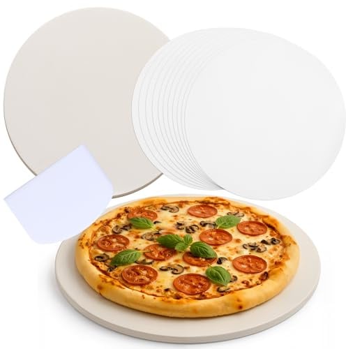 Hushee 9 Inch Round Small Pizza Stone with Scraper and 100 Pcs Parchment Paper Cordierite Cooking Baking Stone Thermal Shock Resistant up to 1400°f Bread Baking Stones for Oven Grill for BBQ RV Camp