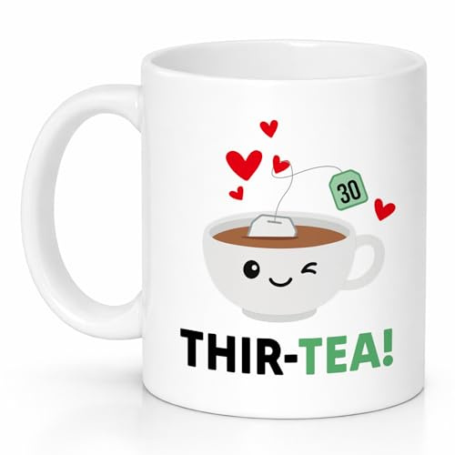 Custom Moments THIR-Tea Mug 30th Birthday Gifts for Women, Her, Friend, Mum, Wife, Funny Cute Tea Lover Cup, Smiley Heart Design, Ceramic Coffee Mug