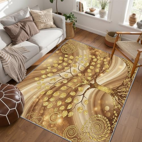 PaxGloz Lebensbaum Teppich - Teppiche Wohnzimmer Schlafzimmer Beige Gold, Großer Teppich Art Deco, Weich Kurzflor & Waschbar & rutschfest Wohnzimmerteppich, Kinderteppich, Bettvorleger 160x230 cm