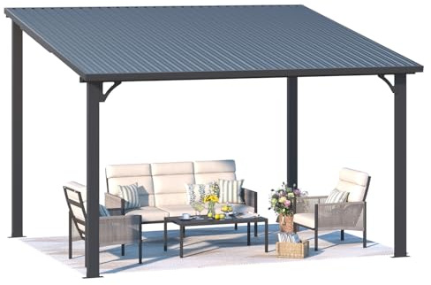 YODOLLA Pergola Adossée Aluminium 3 x 3.65m, Gazebo à Toit Rigide, Pergola Murale pour Terrasse Extérieur, Pavillon de Jardin, Toit Incliné pour Ombre - Résistant aux UV & Intempéries - Noir