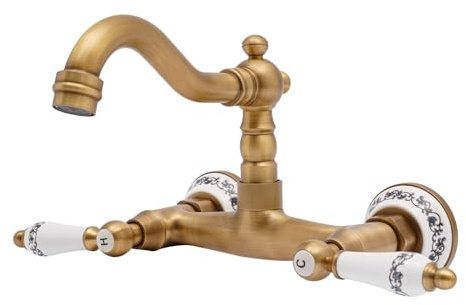 Rubinetto da parete vintage per lavabo, miscelatore a doppio comando con erogatore orientabile a 180°, rubinetto anticato in oro per montaggio a parete per cucina, bagno, bagno degli ospiti, in ottone