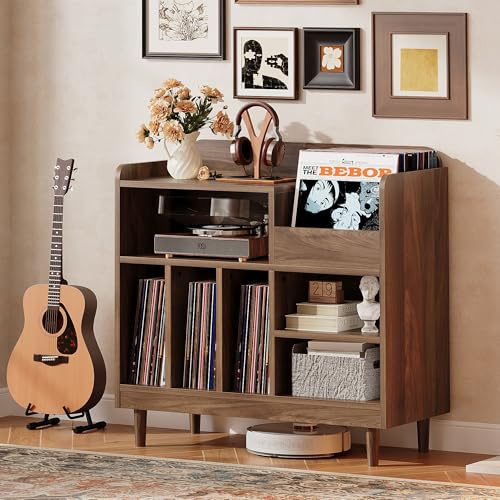 IRONCK Vinyl Plattenspieler Regal mit Ladestation, Schallplatten Aufbewahrung Schallplattenständer für 300 Alben, Mid-Century Modern Record Player Stand für Musikzimmer, Vintage Braun