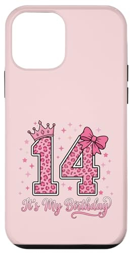 Custodia per iPhone 12 mini Corona con fiocco leopardato rosa per 14° compleanno, per ragazza di 14 anni
