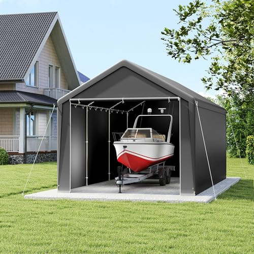 PEILU 3x6m Carport für den Außenbereich, Zeltgarage aus PE-Plane & Metall Rahmen, Freistehend Gartenlauben, Wetterfeste Garagenzelt, 18m² Autozelt für Automobil, Boote, Werkzeuge, Gartengeräte (Grau)