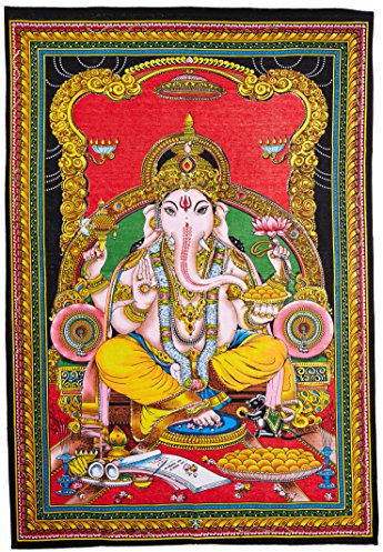 Lord Ganesha Deity Art Sequin Work Indian God Batik Wall Hanging 43 x 30 by Krishna Mart India