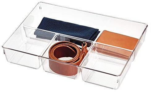 iDesign Caja organizadora para armario o tocador, bandeja organizadora pequeña de plástico, organizador de cajones con 4 compartimentos para accesorios, transparente