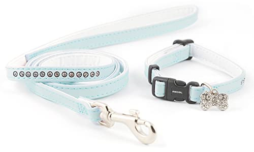 Ancol Small Bite Jewel Collar and Lead Set Blue Diamante Design - Adjustable Collar and 1m Lead for Small Dogs