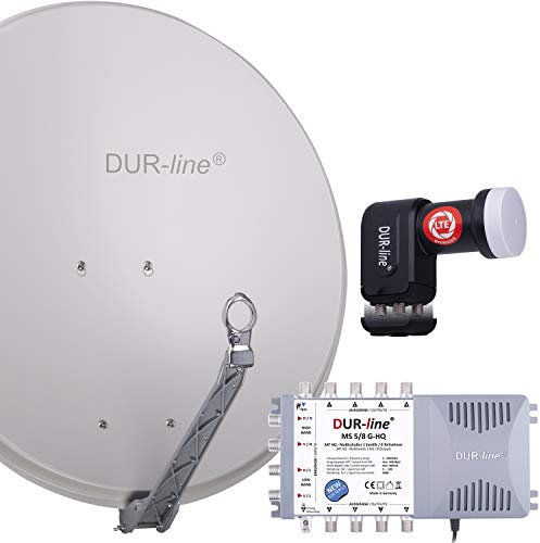 DUR-line 8 Teilnehmer Set - Qualitäts-Alu-Satelliten-Komplettanlage - Select 75cm/80cm Spiegel/Schüssel Hellgrau + Multischalter + LNB - für 8 Receiver/TV [Neuste Technik, DVB-S2, 4K, 3D]