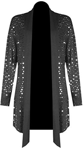 H&F Girls Womens Ladies Waterfall Open Drape Long Sleeve Sparkling Glitter Shiny Sequins Laurex Cardigan Novelty Party Top Floaty Duster Coat Blazer Dress Plus Size 14-28 Silver