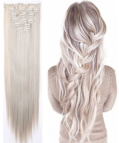 S-noilite® 66cm Glatt 8 teiliges SET Clip in Extensions Haarverlängerung Haarteile Graublond mix Silbergrau