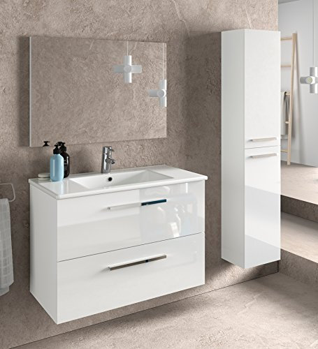 Miroytengo Pack de Muebles de Baño Aruba Blanco con Mueble de Baño Suspendido (80 cm), Columna, Espejo y Lavamanos Cerámico
