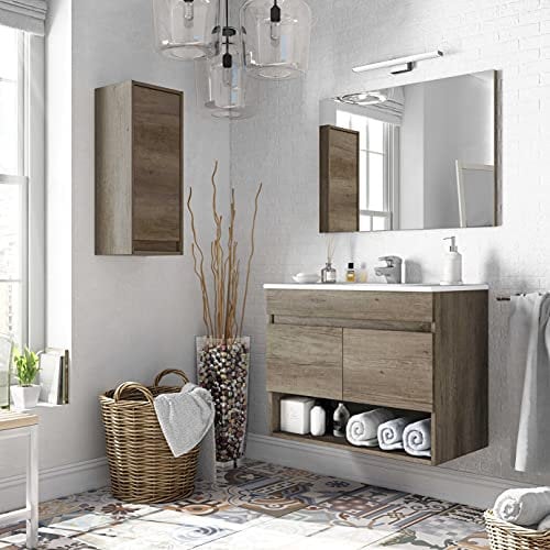 Miroytengo Conjunto de Muebles de Baño Roble Nordik, Mueble de Baño Suspendido, Lavabo Cerámico, Columna Auxiliar y Espejo