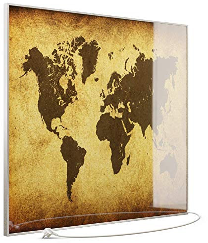 STEINFELD Heizsysteme® Elektro Glas Bild Infrarotheizung inklusive TS11 WiFi Thermostat | Made in Germany | Motive 009 Weltkarte (1200 Watt, silber/Alu)
