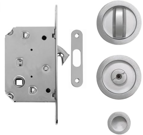 FIP Porte, Serratura Per Porta Scorrevole A Scomparsa Con Nottolino WC, Chiusura Con Gancio Per Porte Scrigno, Finitura Cromo Satinato, Kit Completo Con Maniglie