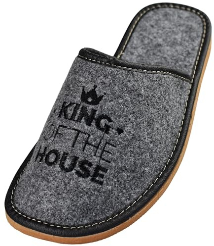APREGGIO Filttofflor för män - King of The House, bekväma och varma, halkfri sula, Grå svart, 44 EU