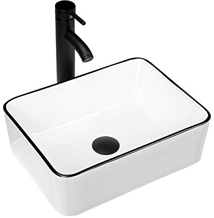 Modern 16 x 12 Rectangle Vessel Sink with Faucet, White Porcelain Above-Counter Bathroom Basin with Black Edge, Stylish Vanity Countertop Sink for Powder Room & Small Spaces