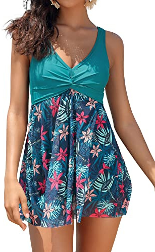 SHEKINI Mujer Traje de Baño con Falda Una Pieza Tankini Hálter Elegante Bikini Conjunto de Malla Bañador con Falda de Una Pieza con Seguridad Shorts