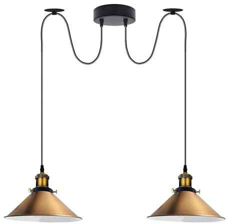 LEDSone Vintage 2-Kopf-Licht Spinnenlampe Pendelleuchte Höhenverstellbarer Metallkegel Lampenschirm Retro Industrieller Deckenleuchter mit E27-Fassung(Gebürstetes Kupfer-1) (Gelbmessing)