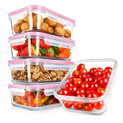 Nutrichef tuppers de cristal herméticos con orificio de aire, 5 recipientes apilables y 5 tapas, Aptos para microondas, Horno y congelador, Sin BPA