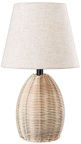 Boho Rattan Tischlampe Nachttischlampe Schreibtischlampe Nachttisch Leselampe Woven Korb Bambus Holz Base Stoff Lampenschirm E27 Fassung Retro Lampe für Wohnzimmer Kinderzimmer Schalfzimmer Deko
