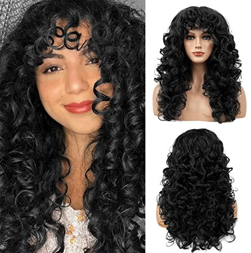 FLUFYMOOZ curly wig with bangs Lockige Perücke mit Pony für Damen, Lange Lockenperücke 50 cm Locken mit dünnem Pony Hitzebeständige Weiche Synthetikperücke für Damen (Natürliches Schwarz)