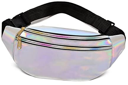 WJWJS Gürteltasche Damen Bauchtasche Metallic Waterproof Belt Bag 3 Reißverschluss Fächer Reflective Adjustable Strap Waist Bag Women Party Festival Sports (Buntes Glitzer Silber)