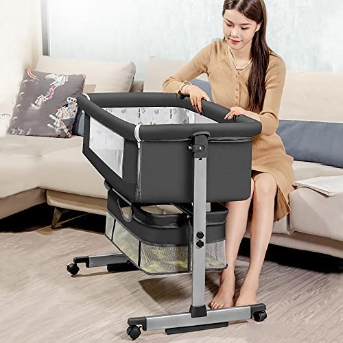 3-in-1 Babywippe,Babyschaukel,Babybett,Babywiege,Beistellbett Baby,reisebett stubenwagen,Bettumrandung Baby Bett,Höhenverstellung,mit Aufbewahrungskorb Zubehör,5°Neigungswinkel, 5°-15°sanft schütteln