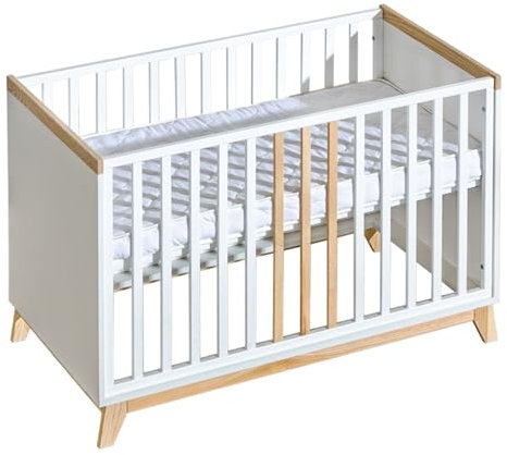 ATB MEBLE Babybett mit Matratze 120x60 cm - Nordik Kollektion - Beistellbett Baby aus Holz - Bett Baby Mitwachsend - Kinderbett umbaubar - 4 Ebenen der Matratzenhöhe - Gitterbett - Weiß