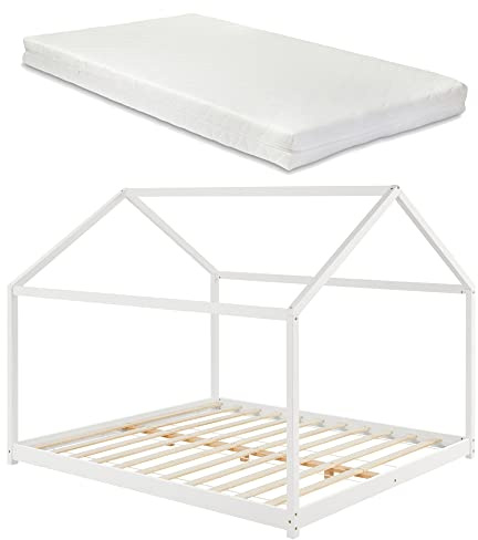 [en.casa] Kinderbett Cerro mit Matratze 160x200cm Hausbett mit Kaltschaum-Matratze ÖKO-Tex Standard 100 Bettenhaus Spielbett Kiefernholz Weiß