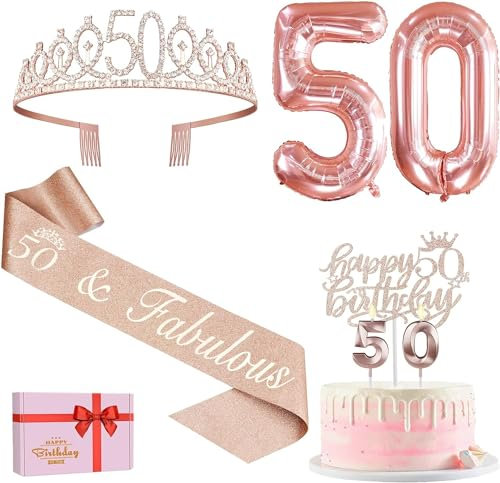 50 Geburtstag Dekorationen Frauen, Enthalten 50 Geburtstag Schärpe und Tiara, Geburtstag Tortenaufsatz und Zahl 50 Kerzen, 3D Geburtstagskarte und Poster, 50 Geburtstag Geschenke für Frauen