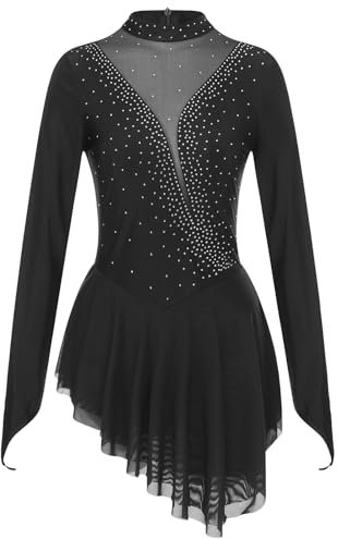 Oyolan Vestito da pattinaggio artistico, da donna, body da danza con strass, maniche lunghe/senza maniche, vestito da ginnastica performance S-XL, Tipo F nero., S