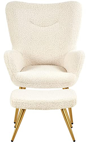 Abician Fauteuil avec Repose-Pieds en Tissu Bouclé Pieds en Métal Dorés Fauteuil de Salon avec Pouf Chaise de Relaxation à Haut Dossier Enveloppant Gris Ivoire