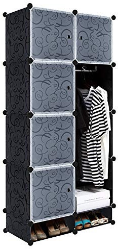 JOIEYOU Kleiderschrank, Wardrobe aus Kunststoff, DIY Garderobenschrank 8 Würfel, Regalsystem Schlafzimmerschrank – Schwarz, 70 x 35 x 157 cm
